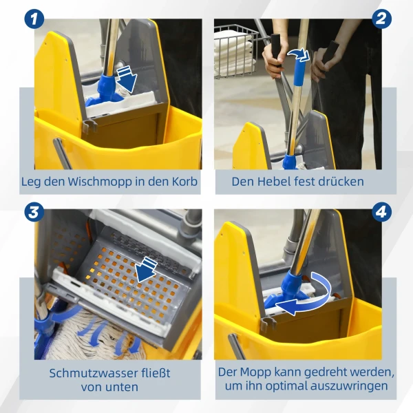 Reinigingsemmer, Dweilemmer, Rolbaar, Kunststof, Metalen Handvat, Geel