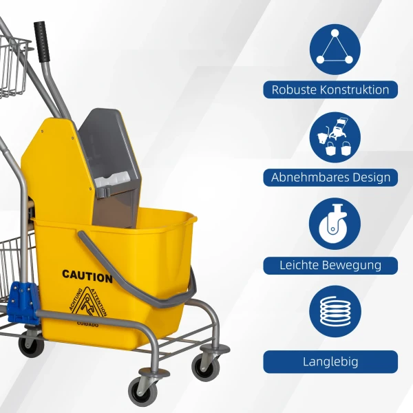 Reinigingsemmer, Dweilemmer, Rolbaar, Kunststof, Metalen Handvat, Geel