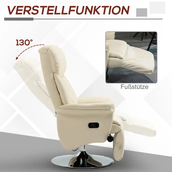 Relaxfauteuil, Ligfunctie, Lederlook, Voetensteun, Tot 150 Kg, 78 X 80 X 109 Cm, Crème
