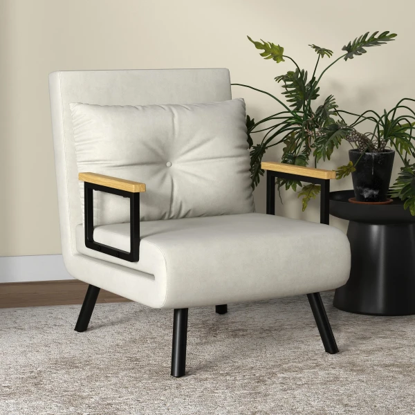 Relaxstoel In Scandinavisch Design, Ligstoel, Leesstoel. Incl. Kussen Met Knoophechting, Crèmewit