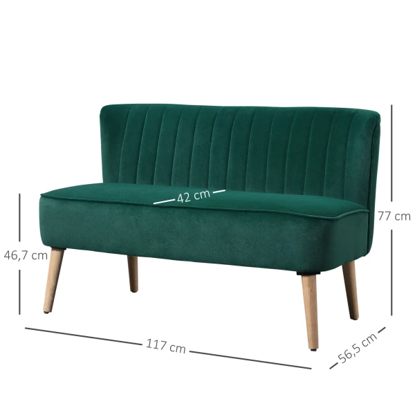 Retrodesign 2 zitsbank, Houten Poten, 117 Cm X 56,5 Cm X 77 Cm, Donkergroen