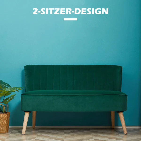 Retrodesign 2 zitsbank, Houten Poten, 117 Cm X 56,5 Cm X 77 Cm, Donkergroen