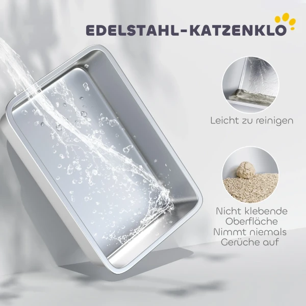 Roestvrijstalen Kattenbak Open Kattenbak Met Schep, Hoge Randmat Voor Katten Tot 7 Kg 60,2 X 40,2 X 29,5 Cm, Grijs