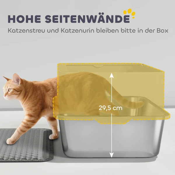 Roestvrijstalen Kattenbak Open Kattenbak Met Schep, Hoge Randmat Voor Katten Tot 7 Kg 60,2 X 40,2 X 29,5 Cm, Grijs