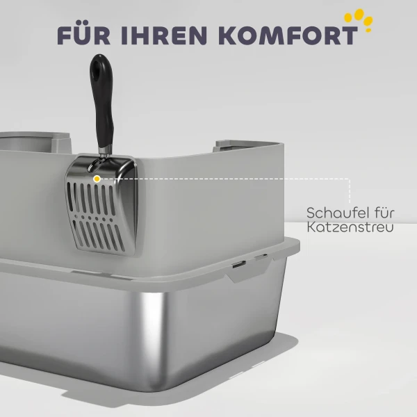 Roestvrijstalen Kattenbak Open Kattenbak Met Schep, Hoge Randmat Voor Katten Tot 7 Kg 60,2 X 40,2 X 29,5 Cm, Grijs