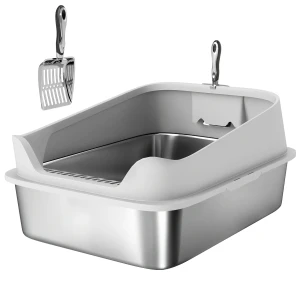 Roestvrijstalen Kattenbak Open Kattenbak Met Schepje Hoge Rand Voor Grote Katten Tot 12 Kg 69,8 X 50,3 X 29,8 Cm Grijs