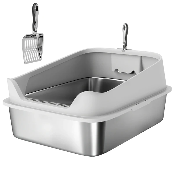 Roestvrijstalen Kattenbak Open Kattenbak Met Schepje Hoge Rand Voor Grote Katten Tot 12 Kg 69,8 X 50,3 X 29,8 Cm Grijs
