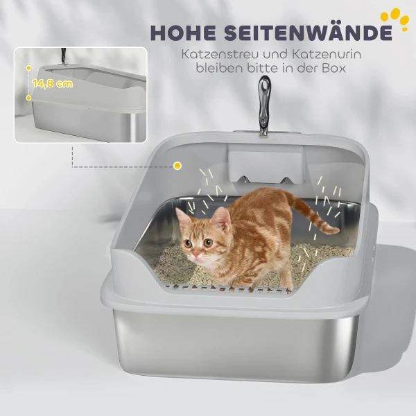 Roestvrijstalen Kattenbak Open Kattenbak Met Schepje Hoge Rand Voor Grote Katten Tot 12 Kg 69,8 X 50,3 X 29,8 Cm Grijs