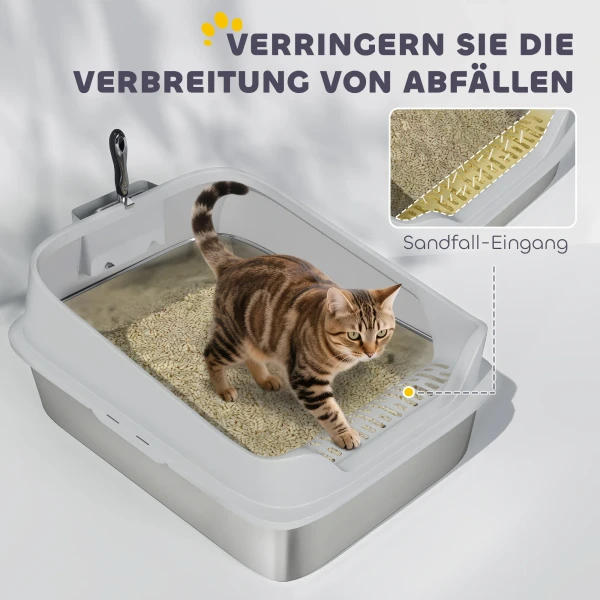 Roestvrijstalen Kattenbak Open Kattenbak Met Schepje Hoge Rand Voor Grote Katten Tot 12 Kg 69,8 X 50,3 X 29,8 Cm Grijs