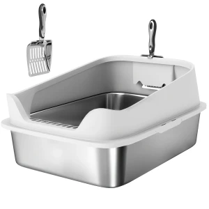 Roestvrijstalen Kattenbak Open Kattenbak Met Schepje Hoge Rand Voor Grote Katten Tot 7 Kg, 60,2 X 40,2 X 29,7 Cm, Grijs