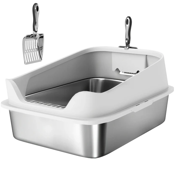 Roestvrijstalen Kattenbak Open Kattenbak Met Schepje Hoge Rand Voor Grote Katten Tot 7 Kg, 60,2 X 40,2 X 29,7 Cm, Grijs