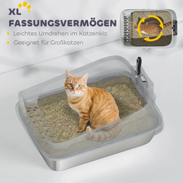 Roestvrijstalen Kattenbak Open Kattenbak Met Schepje Hoge Rand Voor Grote Katten Tot 7 Kg, 60,2 X 40,2 X 29,7 Cm, Grijs