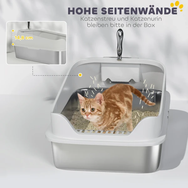 Roestvrijstalen Kattenbak Open Kattenbak Met Schepje Hoge Rand Voor Grote Katten Tot 7 Kg, 60,2 X 40,2 X 29,7 Cm, Grijs
