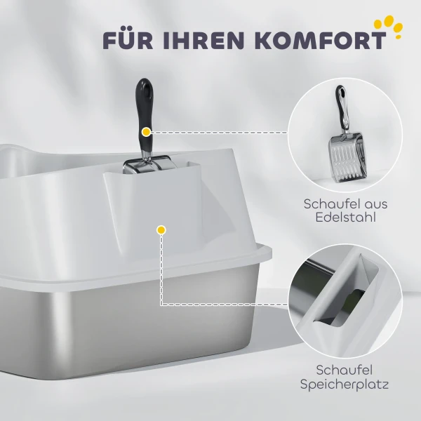 Roestvrijstalen Kattenbak Open Kattenbak Met Schepje Hoge Rand Voor Grote Katten Tot 7 Kg, 60,2 X 40,2 X 29,7 Cm, Grijs