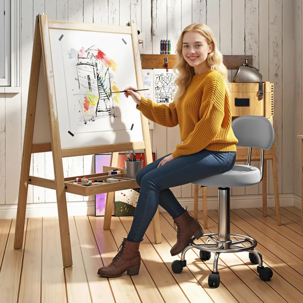 Rolkruk, Draaibare En Verstelbare Kruk Met Rugleuning, Kunstlederen Bekleding, Voetensteun, Voor Kaptafels, Grijs