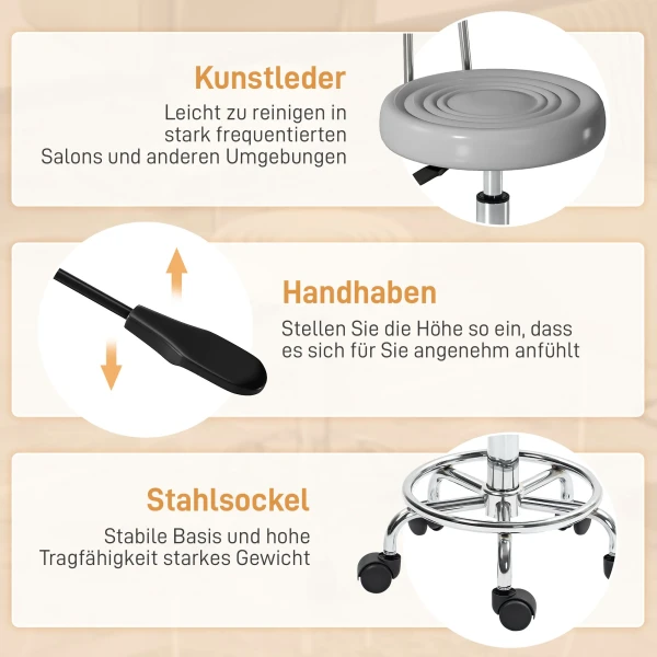 Rolkruk, Draaibare En Verstelbare Kruk Met Rugleuning, Kunstlederen Bekleding, Voetensteun, Voor Kaptafels, Grijs