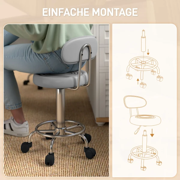 Rolkruk, Draaibare En Verstelbare Kruk Met Rugleuning, Kunstlederen Bekleding, Voetensteun, Voor Kaptafels, Grijs