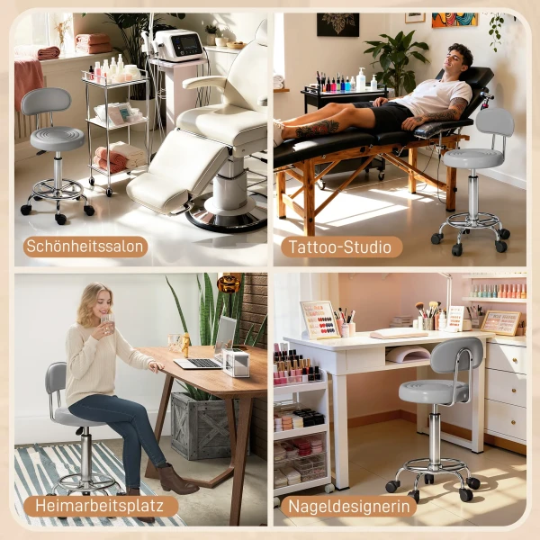 Rolkruk, Draaibare En Verstelbare Kruk Met Rugleuning, Kunstlederen Bekleding, Voetensteun, Voor Kaptafels, Grijs