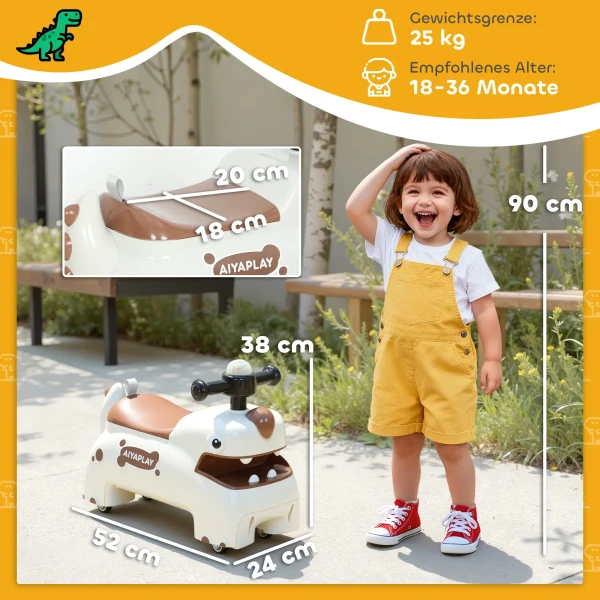 Ruschauto, Dino ontwerp, Stuurwiel, Lichtjes, Geluiden, 4 Wielen, Crèmewit+Bruin