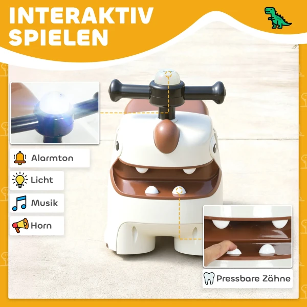 Ruschauto, Dino ontwerp, Stuurwiel, Lichtjes, Geluiden, 4 Wielen, Crèmewit+Bruin