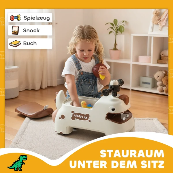 Ruschauto, Dino ontwerp, Stuurwiel, Lichtjes, Geluiden, 4 Wielen, Crèmewit+Bruin