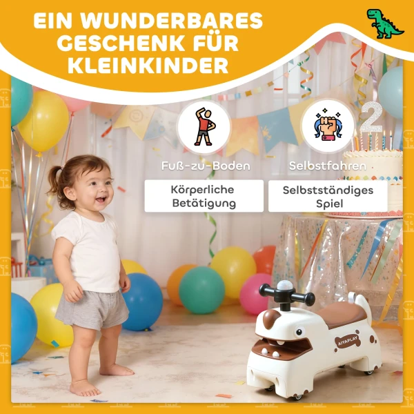 Ruschauto, Dino ontwerp, Stuurwiel, Lichtjes, Geluiden, 4 Wielen, Crèmewit+Bruin