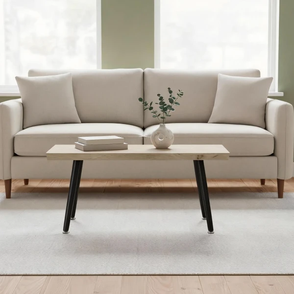 Salontafel Bijzettafel Met Stalen Poten, 4 Cm Dik Tafelblad Woonkamertafel 100 X 50 X 45 Cm Eiken+Zwart