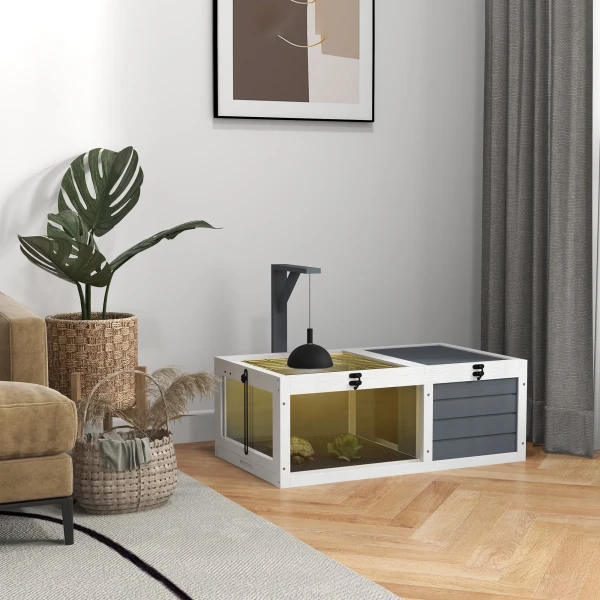 Schildpaddenverblijf, Reptielenbox Met 2 Kamers, Deksel, Kunststof Schalen, Venster, Hout, Grijs