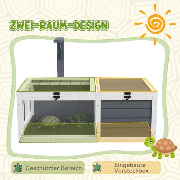 Schildpaddenverblijf, Reptielenbox Met 2 Kamers, Deksel, Kunststof Schalen, Venster, Hout, Grijs