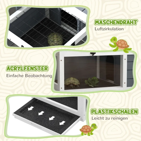 Schildpaddenverblijf, Reptielenbox Met 2 Kamers, Deksel, Kunststof Schalen, Venster, Hout, Grijs