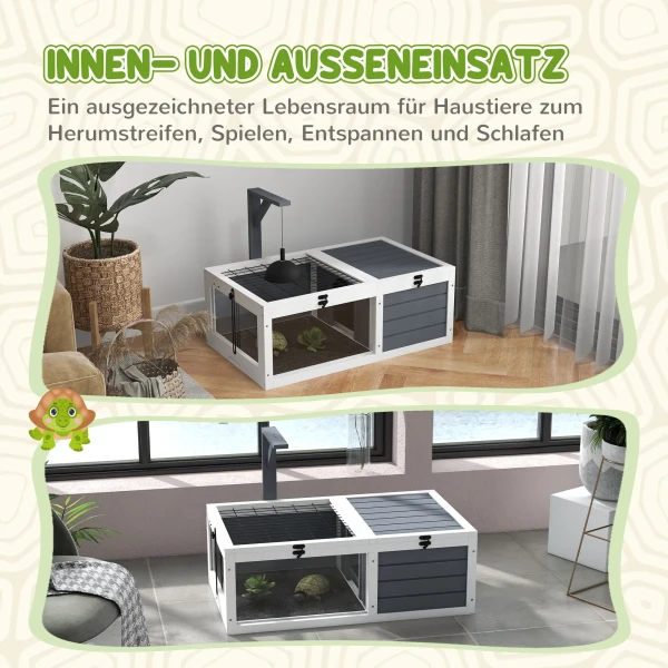 Schildpaddenverblijf, Reptielenbox Met 2 Kamers, Deksel, Kunststof Schalen, Venster, Hout, Grijs