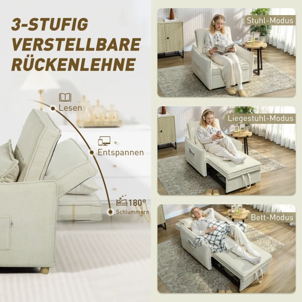 Schlafsessel 3 In 1 Omzetbare Stoel Met Bedfunctie, Lendenkussen, Voor Woonkamer Crème