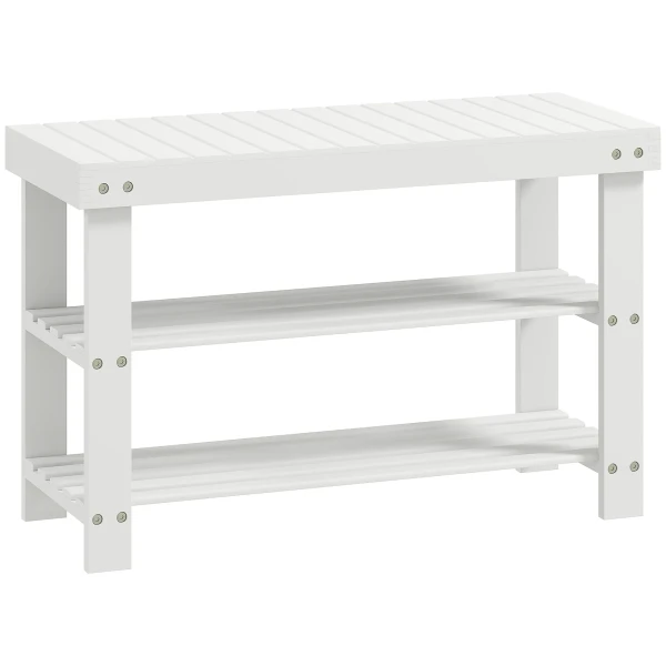 Schoenenbank Bamboe Met 2 Planken, Zitbank Met Opbergruimte, Voor Hal, 70x28x45 Cm, Wit