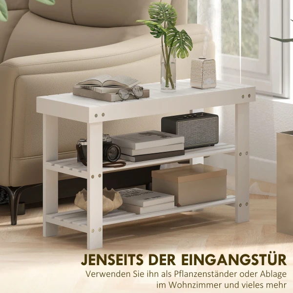 Schoenenbank Bamboe Met 2 Planken, Zitbank Met Opbergruimte, Voor Hal, 70x28x45 Cm, Wit