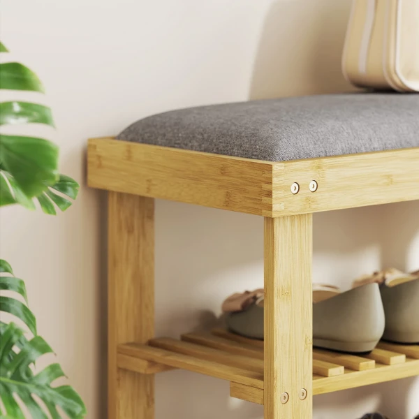 Schoenenbank Met Zitvlak, Bamboe Zitbank Met Opbergruimte, 2 Open Vakken, Zitbank 60 X 29 X 49 Cm Grijs