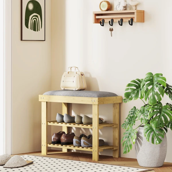 Schoenenbank Met Zitvlak, Bamboe Zitbank Met Opbergruimte, 2 Open Vakken, Zitbank 60 X 29 X 49 Cm Grijs