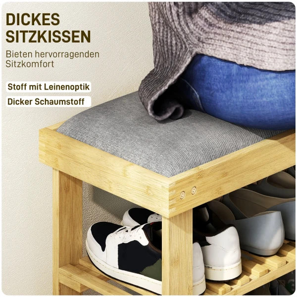 Schoenenbank Met Zitvlak, Bamboe Zitbank Met Opbergruimte, 2 Open Vakken, Zitbank 60 X 29 X 49 Cm Grijs