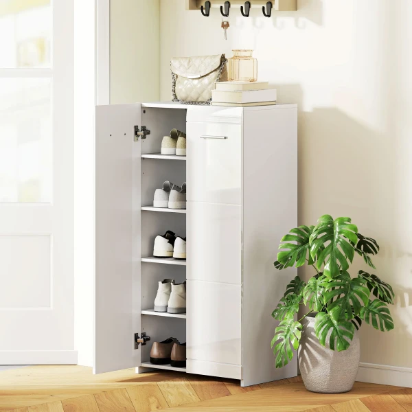 Schoenenkast In Hoogglans, Schoenenopslag Met Verstelbare Planken Voor Hal, Gang, Ruimte Voor 10 Paar, Wit