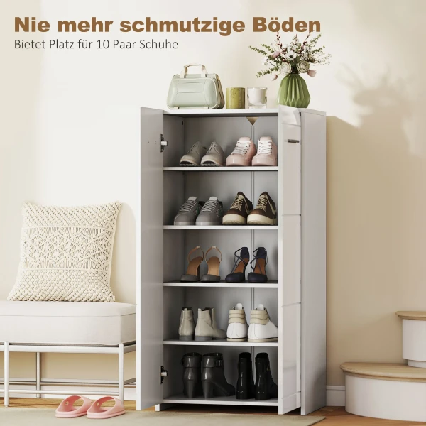 Schoenenkast In Hoogglans, Schoenenopslag Met Verstelbare Planken Voor Hal, Gang, Ruimte Voor 10 Paar, Wit