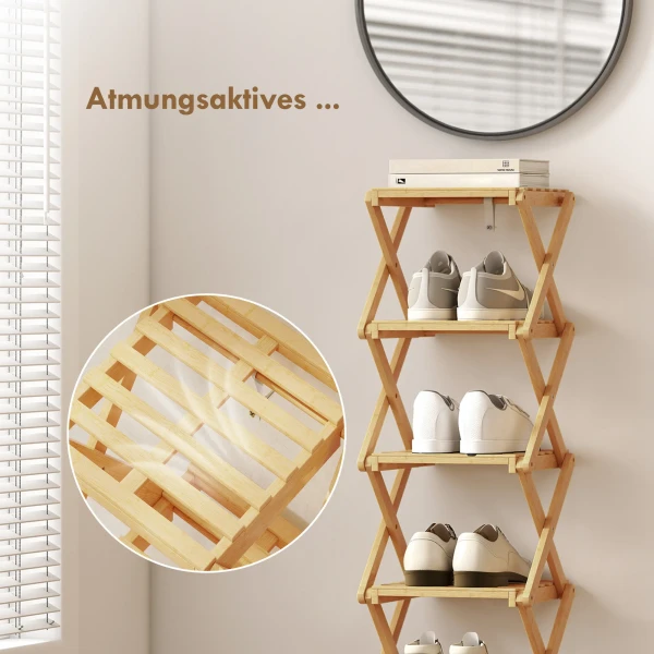 Schoenenrek, Opvouwbare Schoenenstandaard Met 6 Niveaus Van Bamboe, Voor Max. 9 Paar Schoenen, 30 X 29 X 108 Cm, Natuur
