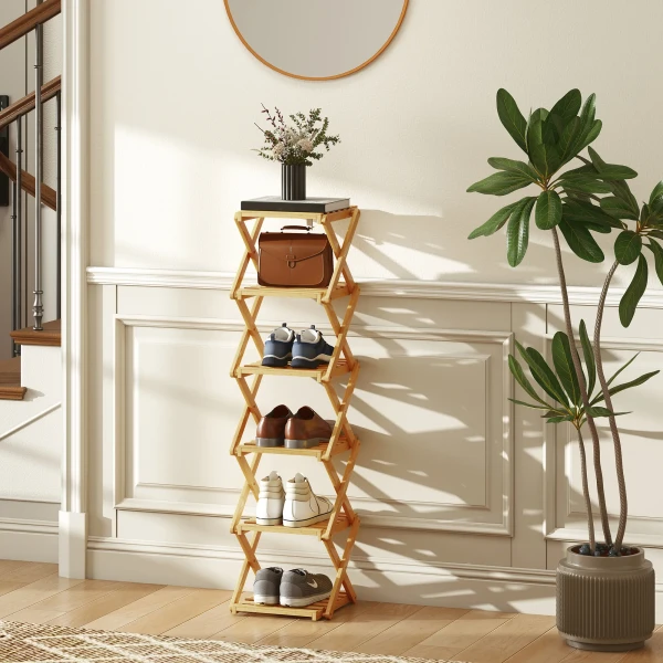 Schoenenrek, Opvouwbare Schoenenstandaard Met 6 Niveaus Van Bamboe, Voor Max. 9 Paar Schoenen, 30 X 29 X 108 Cm, Natuur