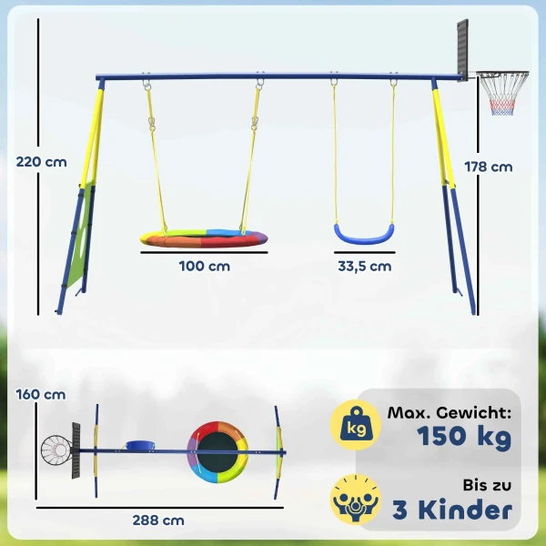 Schommelrek 4 in 1 Schommelset Tot 150 Kg Met Nestschommel, Basketbalring, Voetbaldoel, U Schommel 288 X 160 X 220 Cm