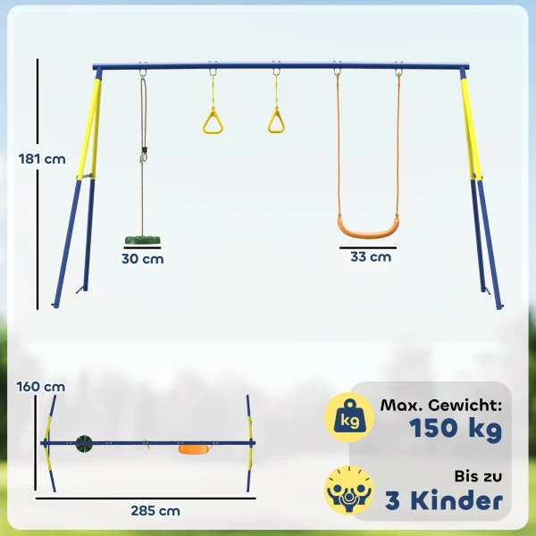 Schommelset Tot 150 Kg 3 in 1 Kinderschommel Met Klassieke Schommel, Turnringen, Staande Schommel, 285x160x181 Cm