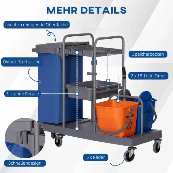 Schoonmaakwagen Met 3 Niveaus, Dweilwagen Met Pers, 2x18L Emmers Voor Hotel
