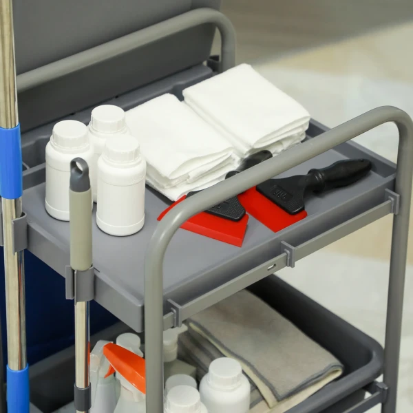 Schoonmaakwagen Met 3 Niveaus, Dweilwagen Met Pers, 2x18L Emmers Voor Hotel