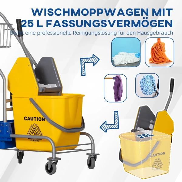 Schoonmaakwagen, Mopwagen, 25 L Capaciteit, 4 Wielen, Kunststof, Geel