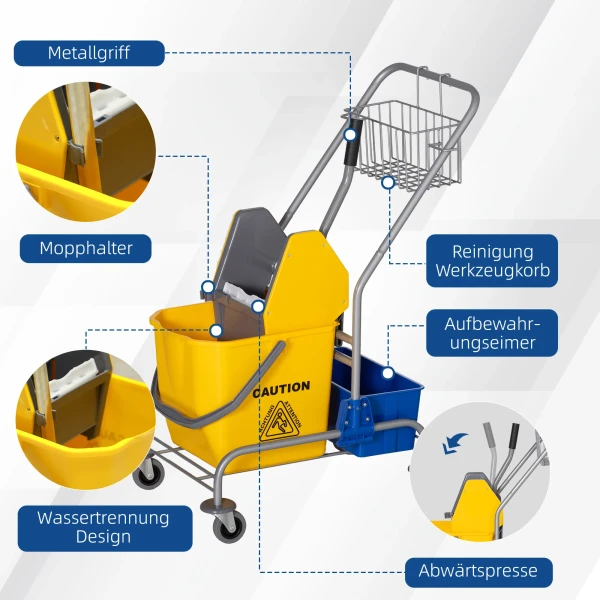 Schoonmaakwagen, Mopwagen, 25 L Capaciteit, 4 Wielen, Kunststof, Geel