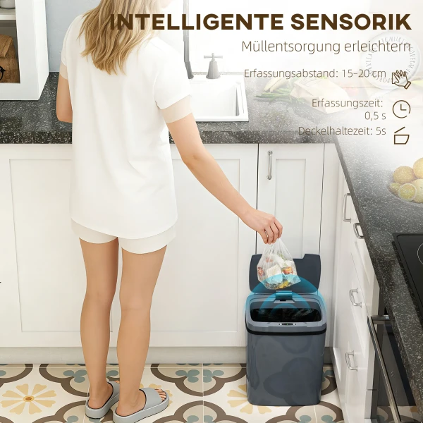Sensor Prullenbak 15L Automatische Prullenbak Met Twee Openingsmodi, Voor Kantoor, Keukens, 27,6 X 21,4 X 33,5 Cm, Grijs