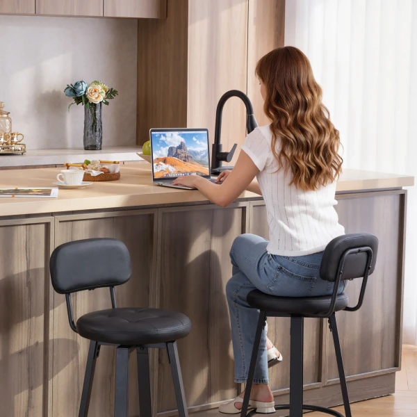 Set Van 2 Barkrukken, Kunstlederen Bekleding, Gevoerde Zitting, Voetensteun, Rugleuning, Metalen Frame, Zwart