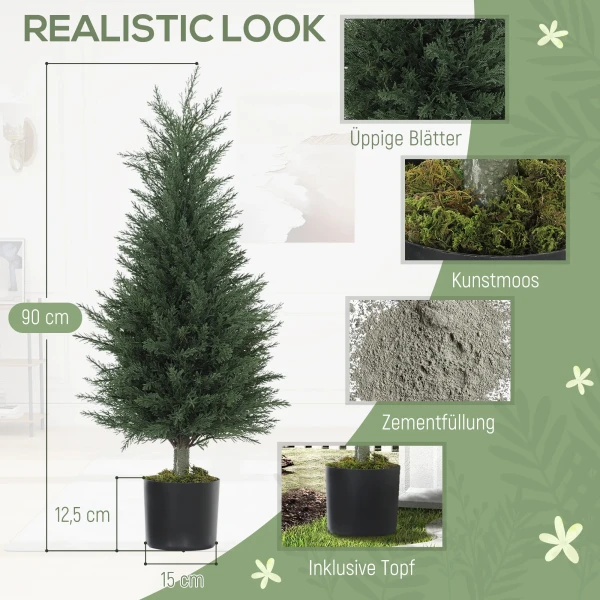 Set Van 2 Kunstmatige Cipres Planten, 362 Kunststof Bladeren, Pot, UV bestendig, Groen